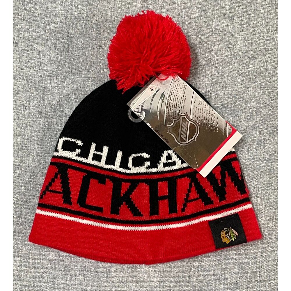 Chicago Blackhawks NHL Youth Knit Pom Beanie Winter Hat Red Black NWT